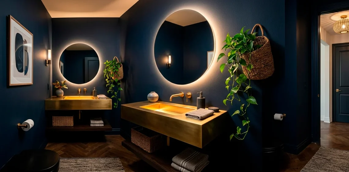 Chic powder room featuring dark navy walls, a brass floating sink, and dramatic backlit mirror.