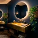 Chic powder room featuring dark navy walls, a brass floating sink, and dramatic backlit mirror.