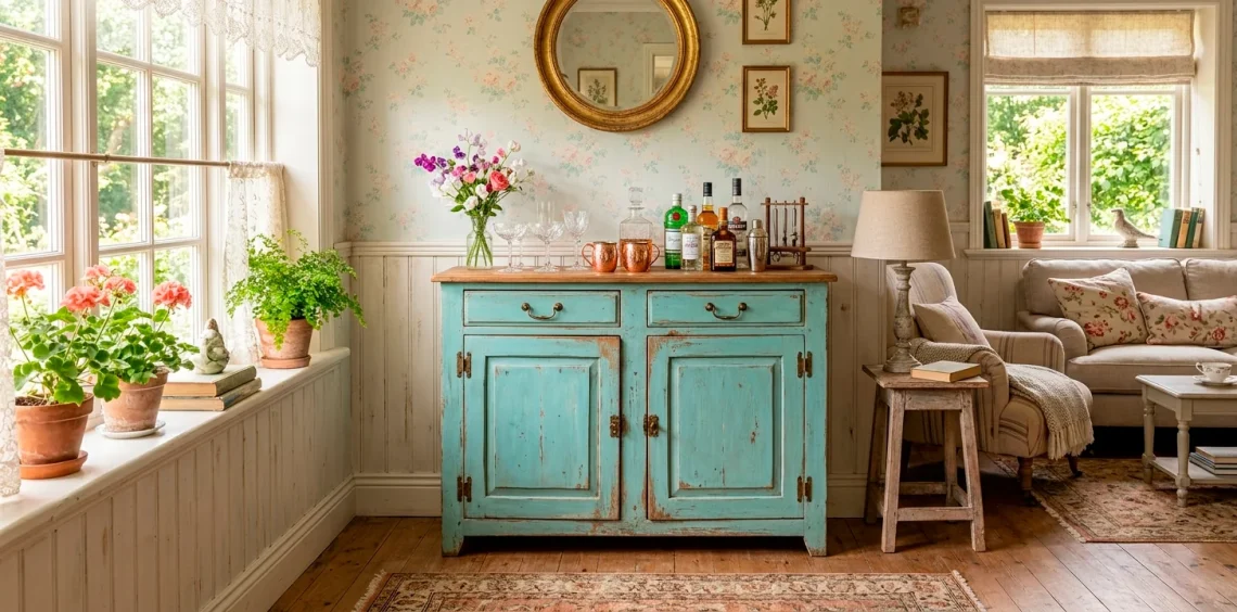 A distressed teal home bar cabinet styled in a sunlit shabby chic living room with crystal glasses and liquor bottles.