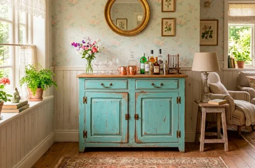 A distressed teal home bar cabinet styled in a sunlit shabby chic living room with crystal glasses and liquor bottles.