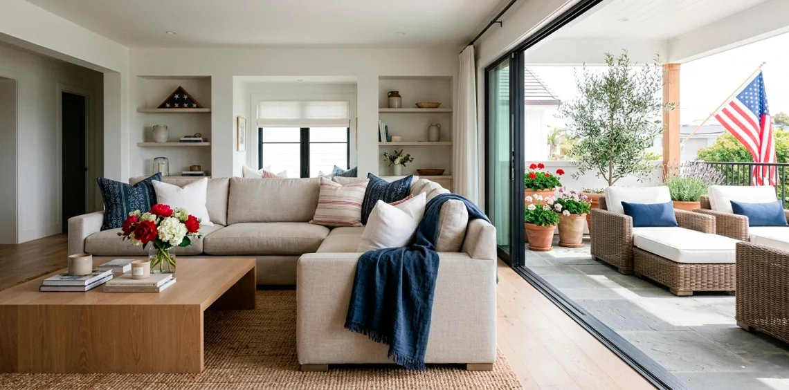 Elegant modern living room styled with subtle red white and blue Memorial Day decorations
