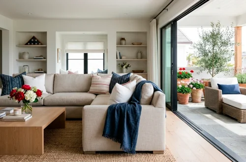 Elegant modern living room styled with subtle red white and blue Memorial Day decorations