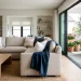Elegant modern living room styled with subtle red white and blue Memorial Day decorations