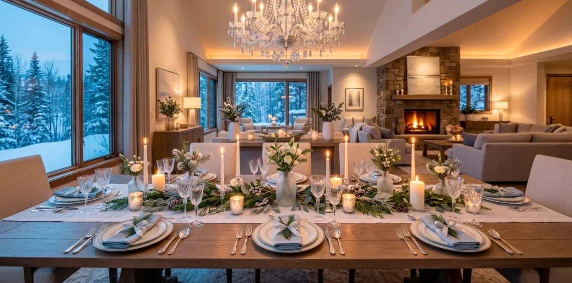 Wide landscape view of a beautifully decorated winter dining table featuring frosted glass centerpieces and glowing candles.