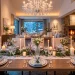 Wide landscape view of a beautifully decorated winter dining table featuring frosted glass centerpieces and glowing candles.