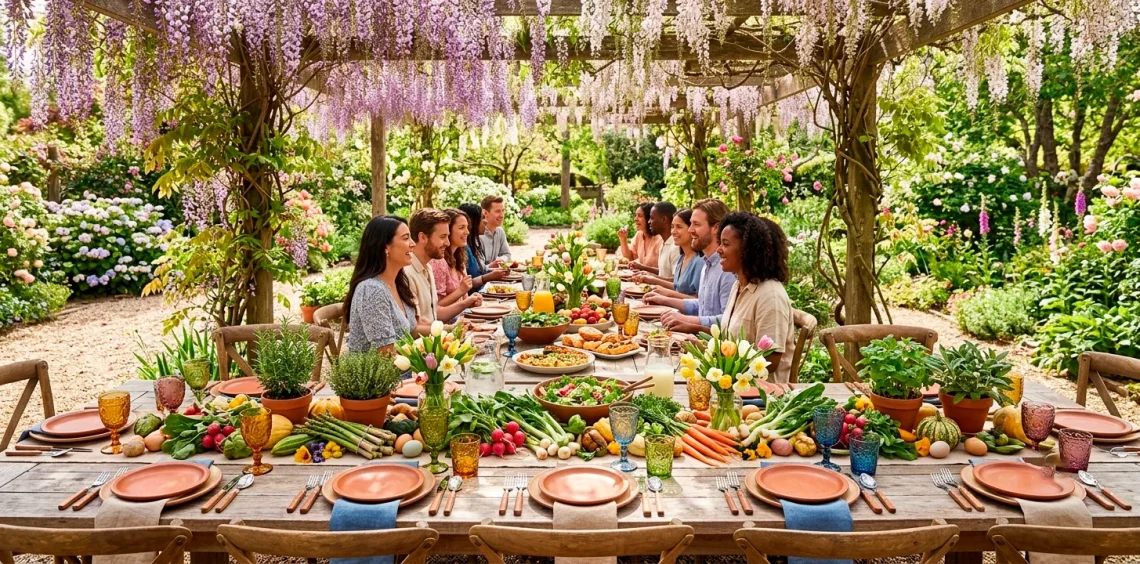 Sunlit outdoor Easter dining table setting with fresh spring vegetables, potted herbs, and colored glassware.