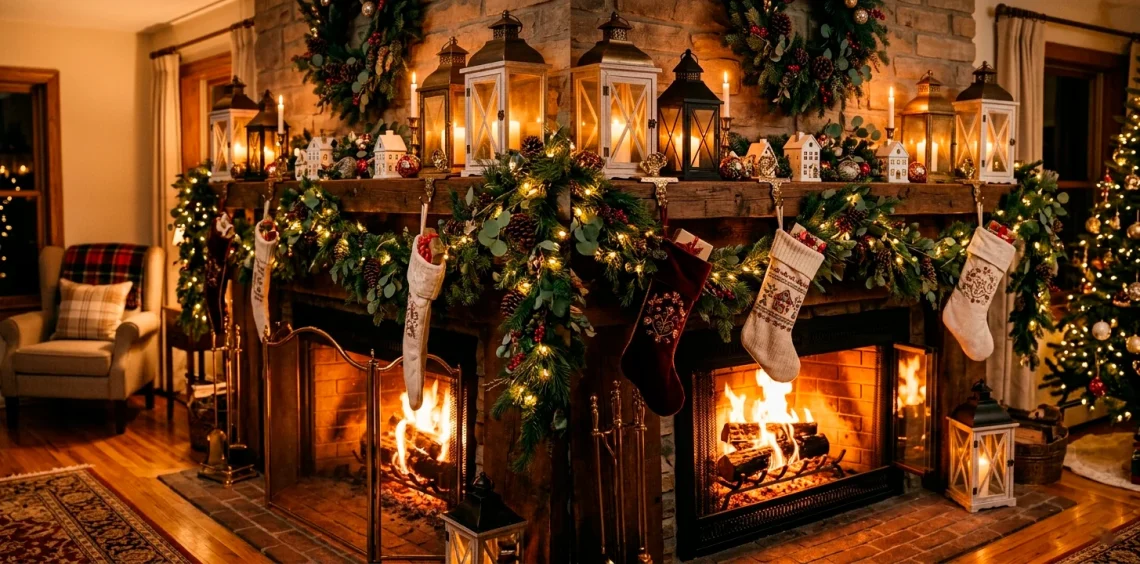 A beautifully decorated Christmas mantel featuring glowing lanterns nestled in lush pine garlands above a cozy fireplace.