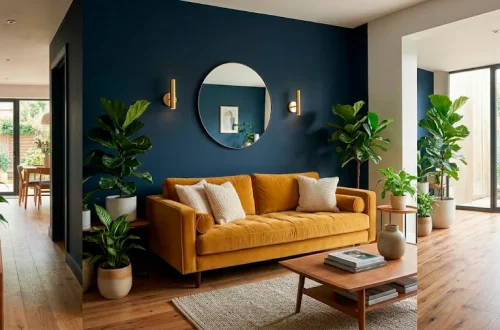 Sophisticated living room featuring a stunning navy blue statement wall with gold accents and a mustard yellow velvet sofa.