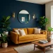 Sophisticated living room featuring a stunning navy blue statement wall with gold accents and a mustard yellow velvet sofa.