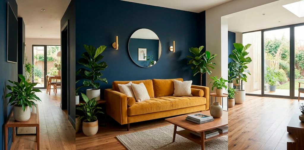 Sophisticated living room featuring a stunning navy blue statement wall with gold accents and a mustard yellow velvet sofa.