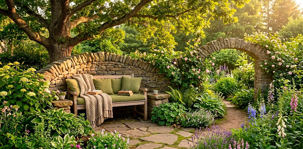 Wide view of a rustic stone garden reading nook with a plush wooden bench and green cushions under an oak tree.