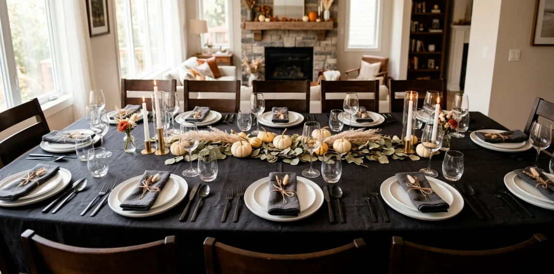 Sleek matte black cutlery set on a modern Thanksgiving table with white plates and autumn foliage.