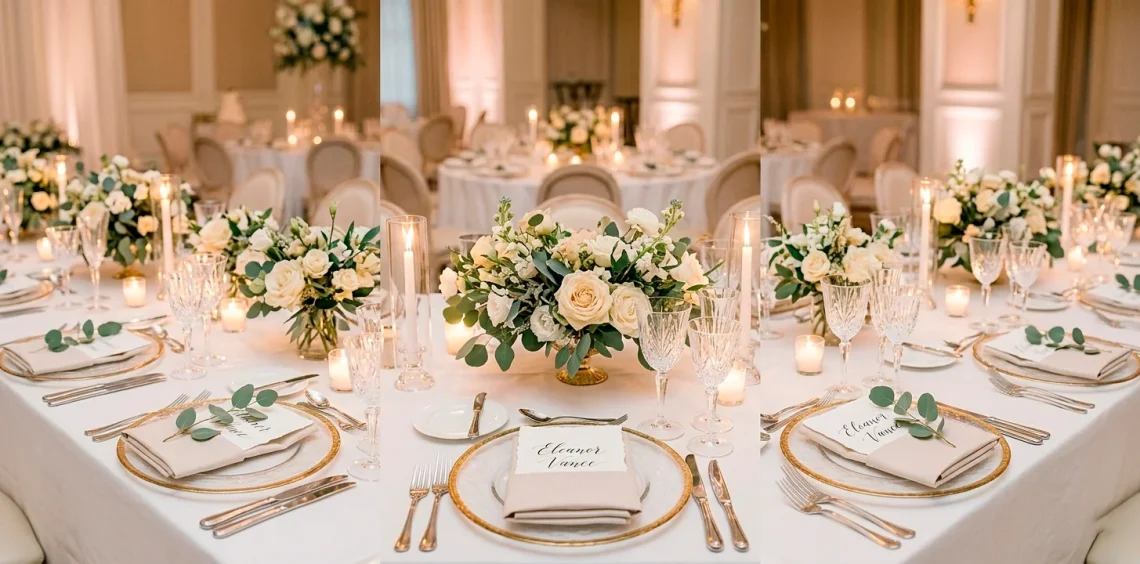 Elegant wedding table setting featuring a custom calligraphy place card resting on a napkin