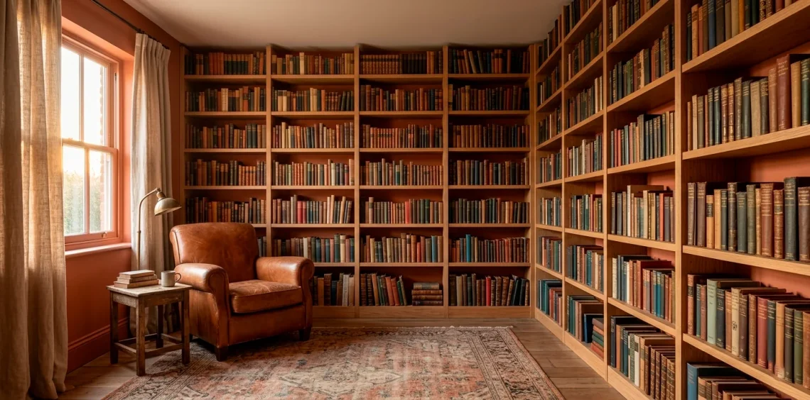 Cozy home library with warm terracotta walls, oak bookshelves, and a cognac leather armchair.