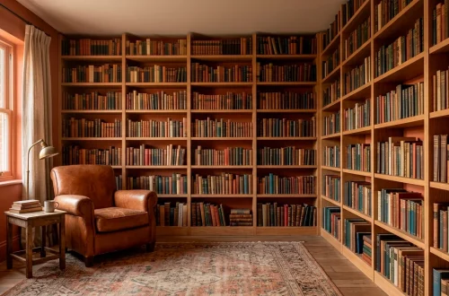 Cozy home library with warm terracotta walls, oak bookshelves, and a cognac leather armchair.