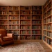 Cozy home library with warm terracotta walls, oak bookshelves, and a cognac leather armchair.