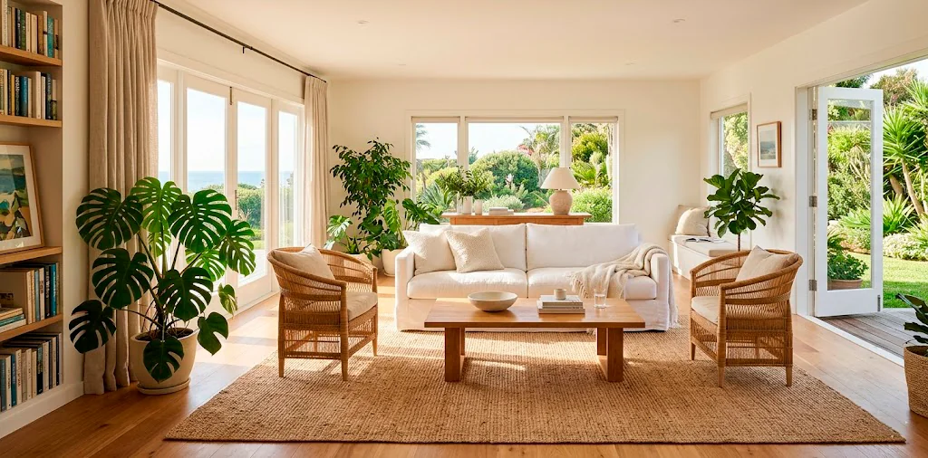 Bright summer living room featuring a large natural jute rug under a white linen sofa and woven rattan chairs.
