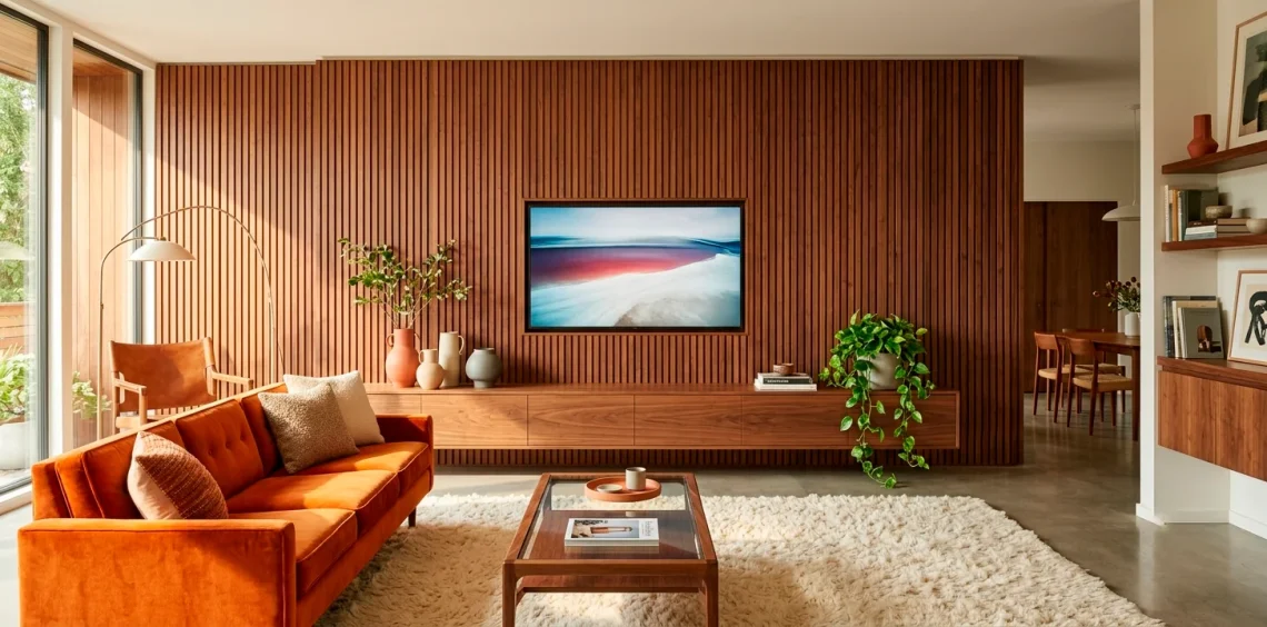 Mid-century modern living room with a stunning floor-to-ceiling slatted walnut wood TV wall setup.