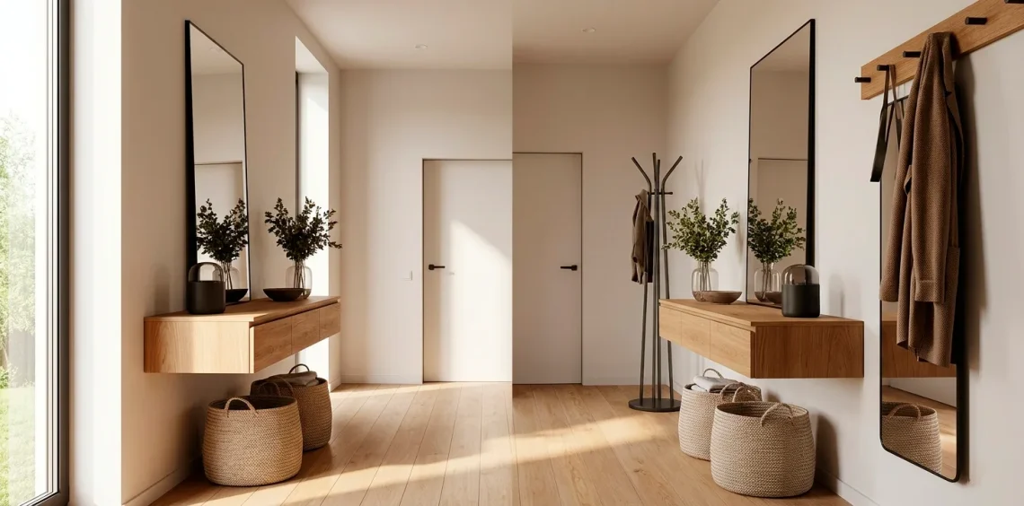 Narrow entryway decorated with a floating oak console table, tall mirror, and woven storage baskets.