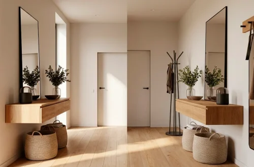 Narrow entryway decorated with a floating oak console table, tall mirror, and woven storage baskets.