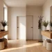 Narrow entryway decorated with a floating oak console table, tall mirror, and woven storage baskets.
