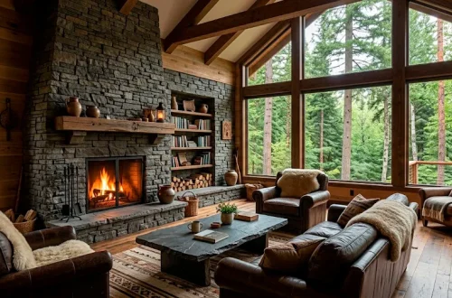 A rugged earthy living room featuring a massive stacked stone fireplace and cozy leather seating