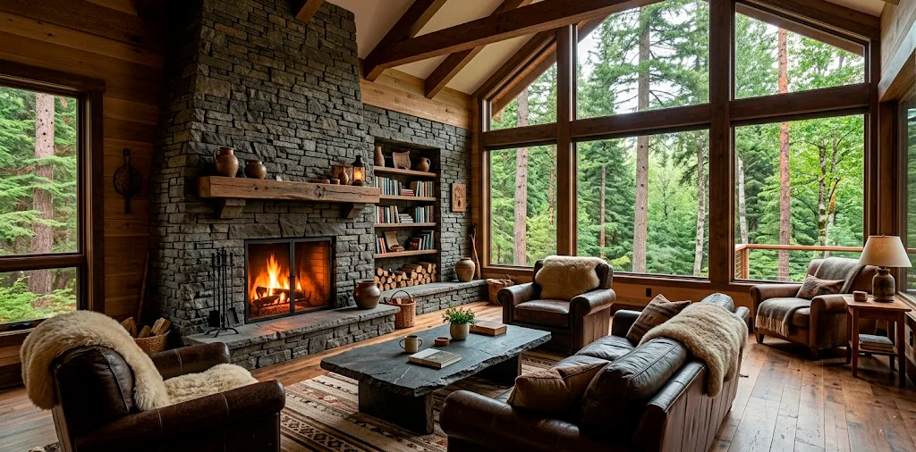 A rugged earthy living room featuring a massive stacked stone fireplace and cozy leather seating