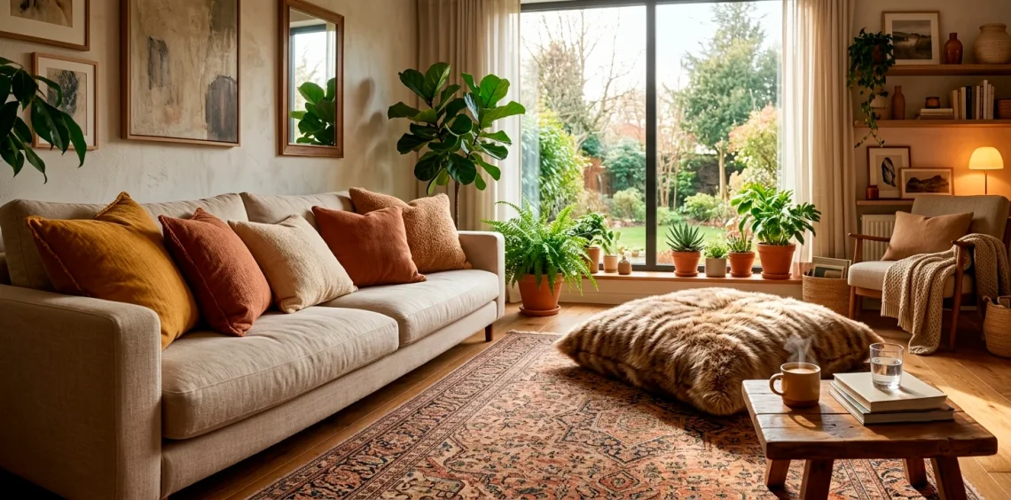 Cozy apartment living room filled with oversized textured pillows on a sofa and floor
