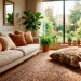 Cozy apartment living room filled with oversized textured pillows on a sofa and floor