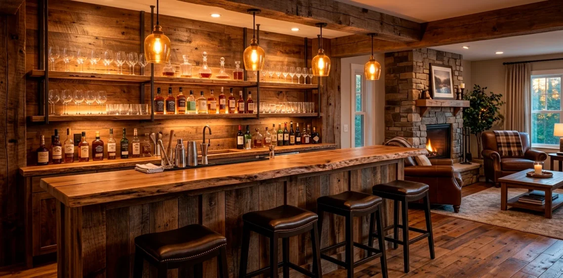 Beautiful rustic wood home bar setup featuring a live-edge wooden counter, warm glowing pendant lights, and vintage barstools.