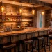 Beautiful rustic wood home bar setup featuring a live-edge wooden counter, warm glowing pendant lights, and vintage barstools.
