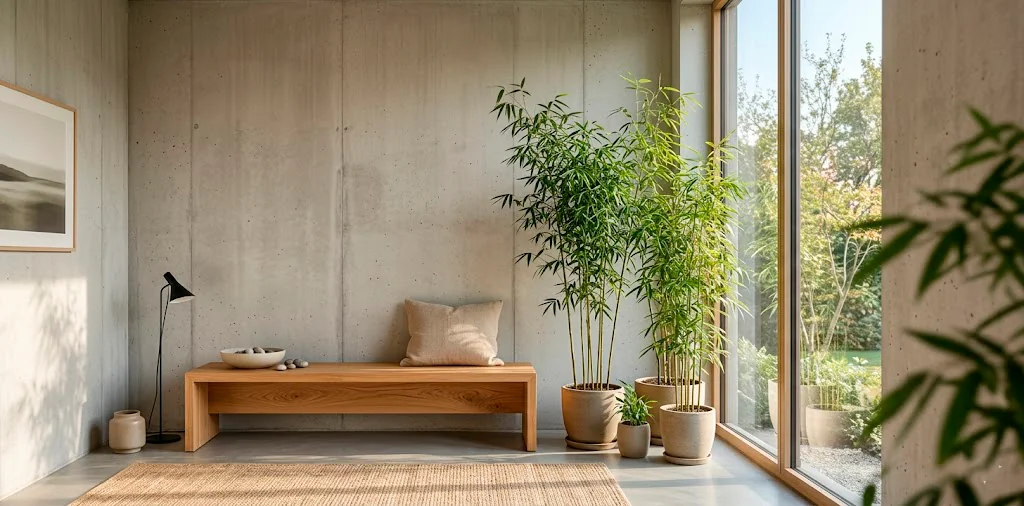 Minimalist zen corner in a modern living room featuring slender bamboo in a stone planter