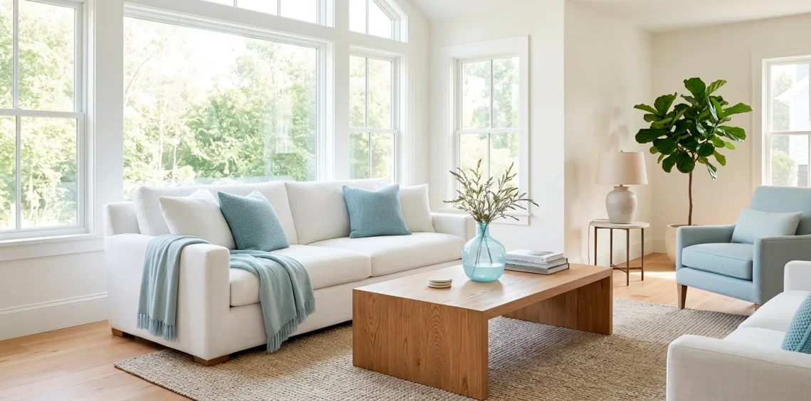 Bright living room featuring a white sofa decorated with refreshing spa blue throw pillows and elegant glass accents.