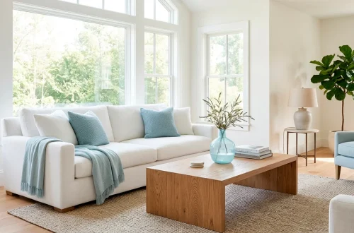 Bright living room featuring a white sofa decorated with refreshing spa blue throw pillows and elegant glass accents.