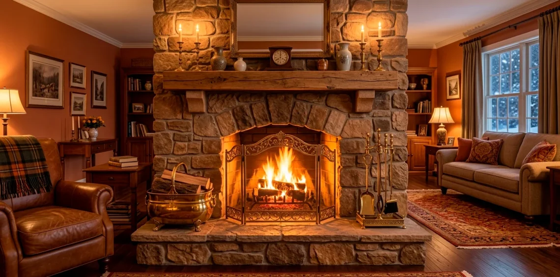 Cozy living room with stone fireplace decorated with vintage brass fireplace accessories in warm firelight.