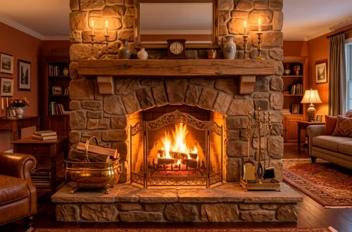 Cozy living room with stone fireplace decorated with vintage brass fireplace accessories in warm firelight.