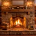 Cozy living room with stone fireplace decorated with vintage brass fireplace accessories in warm firelight.