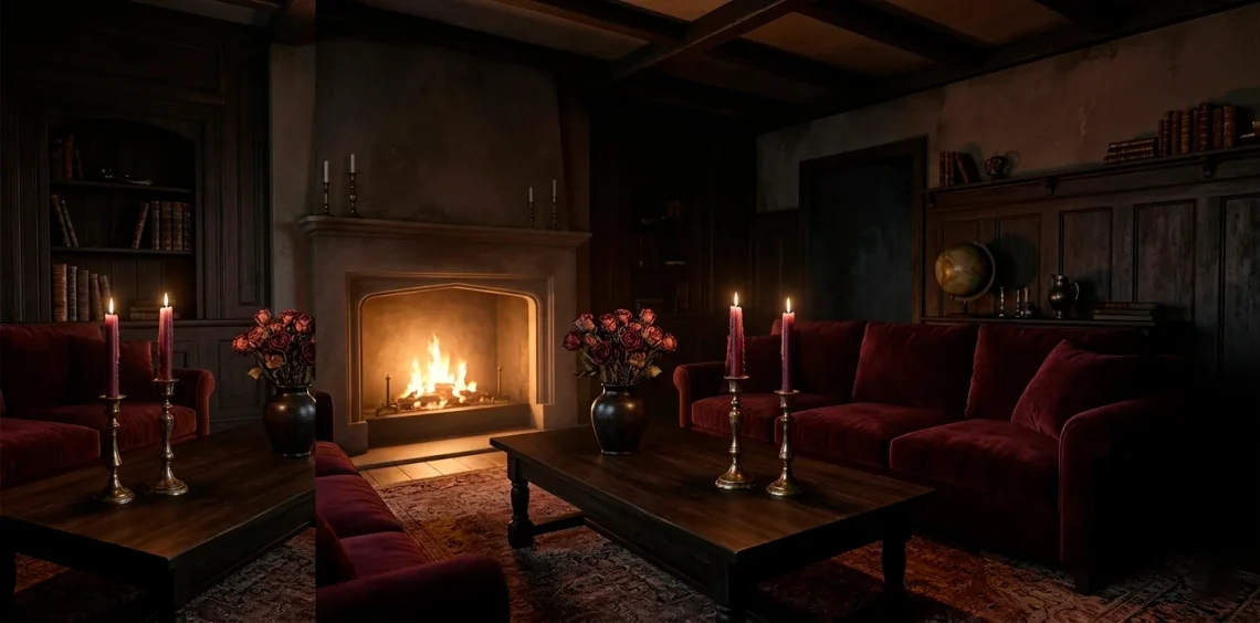 Moody dark cottagecore living room decorated for Valentine's Day with deep burgundy velvet and brass candelabras
