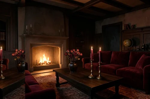 Moody dark cottagecore living room decorated for Valentine's Day with deep burgundy velvet and brass candelabras