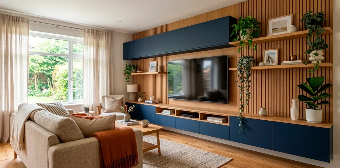 Modern multi-functional TV wall design in a small living room featuring floating navy cabinets and oak slat wood panels.