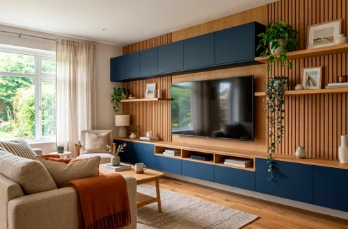 Modern multi-functional TV wall design in a small living room featuring floating navy cabinets and oak slat wood panels.