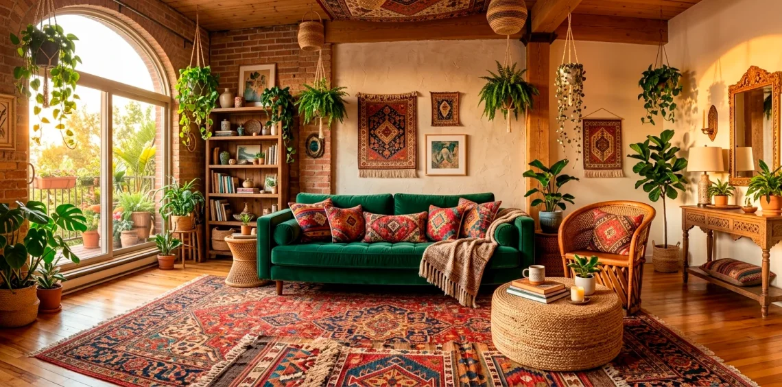 A brightly lit bohemian living room featuring brilliantly layered patterned rugs, colorful throw pillows, and lush green houseplants.