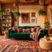 A brightly lit bohemian living room featuring brilliantly layered patterned rugs, colorful throw pillows, and lush green houseplants.
