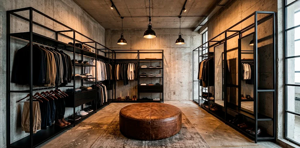 An industrial modern dressing room featuring exposed concrete walls, sleek black steel closets, and a leather ottoman.