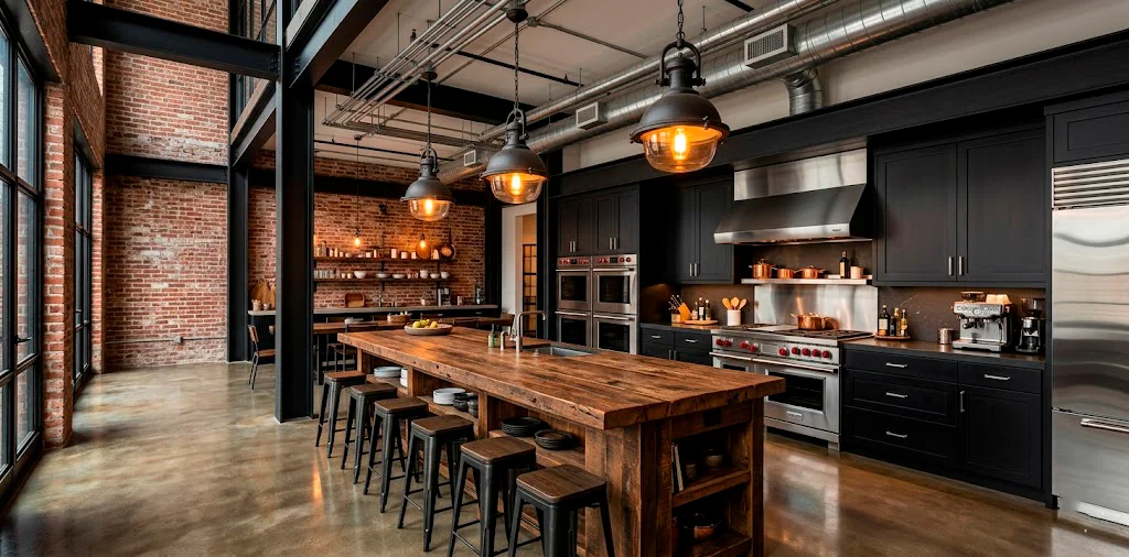 Wide view of a modern industrial kitchen featuring exposed red brick walls, matte black metal pipes, and a reclaimed wood island.