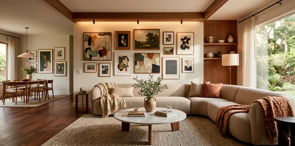 Modern living room with a professionally curated gallery wall and curved sofa