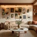 Modern living room with a professionally curated gallery wall and curved sofa