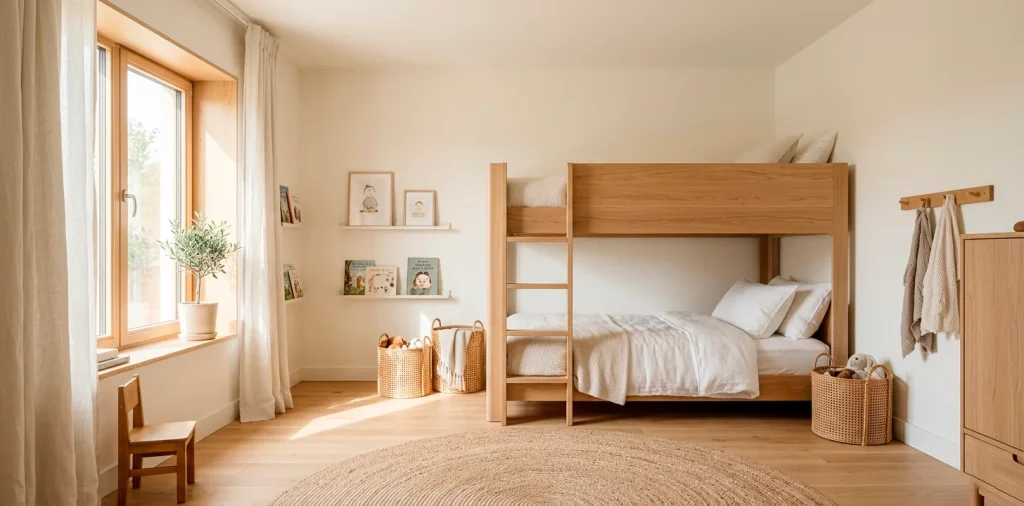 Bright and airy white shared kids bedroom featuring a modern natural wood bunk bed and brilliant natural light.