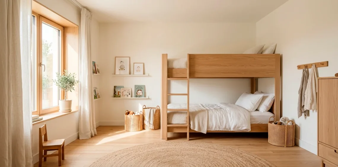 Bright and airy white shared kids bedroom featuring a modern natural wood bunk bed and brilliant natural light.