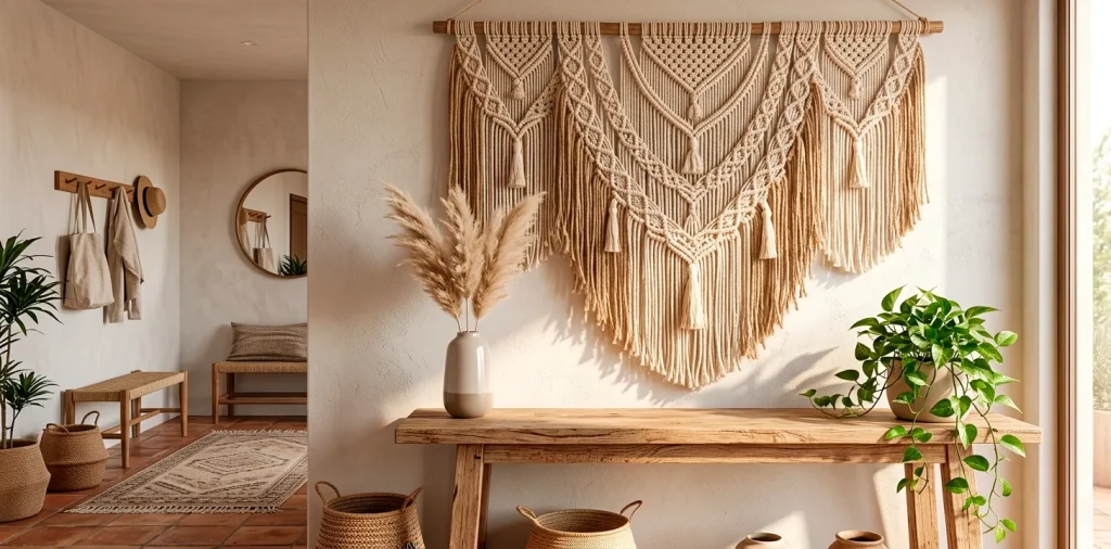 Wide boho entryway featuring a large textured macrame wall hanging above a wooden console table